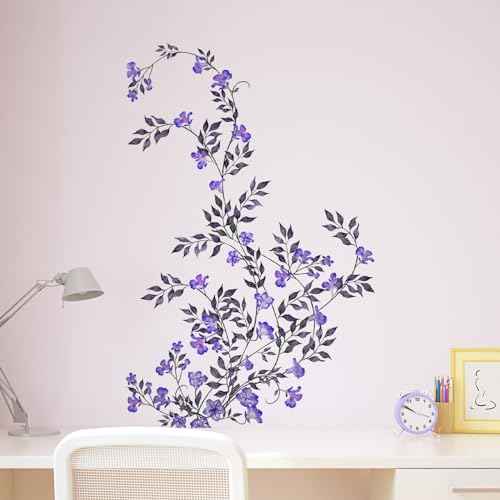 Supzone Purple Vine Flowers Wall Decal Hanging Vine Branch Floral Wall Stickers Self-Adhesive Wall Art Decor for Living Room Bedroom, Office, Sofa, TV Backdrop Home Decor