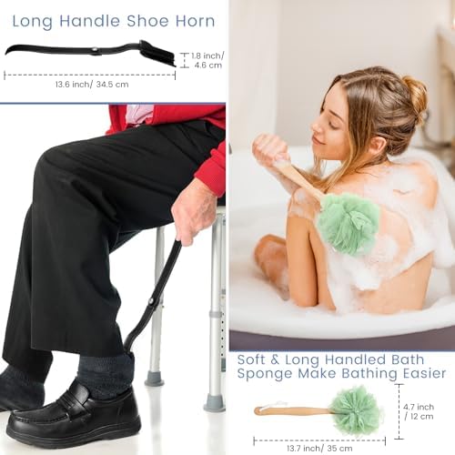 Domensi 6 Pcs Total Hip Kit with Leg Lifter Hip Back Knee Replacement Recovery Aid for Seniors Pregnant 32'' Foldable Grabber Sock Assist Device No Bending Shoe Horn Dressing Stick Bath Sponge (Green)