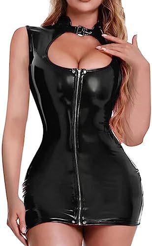 Women Sexy Tank Leather Dress, Wetlook, Plus Size XXXL, Shiny Latex Hip Skirt