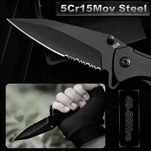 Pocket Knife for Men, Folding Knife with Clip, Tactical Knives with Serrated Blade, Glass Breaker & Bottle Opener, EDC Pocket Tactical Knife for Outdoor Survival Camping, Cool Knifes for Dad