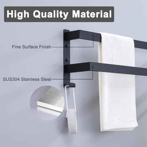 Double Towel Bar Towel Racks for Bathroom, Bath Towel Holders Wall Mount, Stainless Steel Towels Shelves Towel Rail, 2-Tiers (Matte Black, 32 Inches)