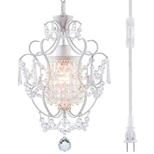 Plug in Chandelier Mini Crystal Chandelier White Retro Small Chandeliers Ceiling Light for Girls Bedroom,Farmhouse Plug in Pendant Light for Kitchen Island Bathroom Dining Room Closet