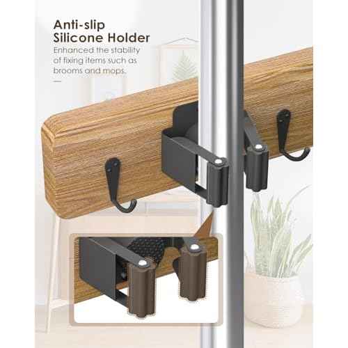 AceMining Broom Holder Wall Mounted, 2 Pack 4 Holders and 4 Hooks Mop Holder, Wooden Mop and Broom Holder with Anti slip rubber, Natural pine wood Brush Holder, Mop Wall Holde with Nail installation