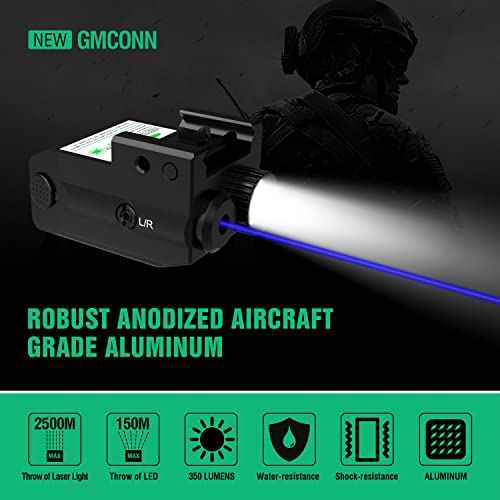 Gmconn Pistol Blue Laser Light Combo USB Rechargeable Gun Light Tactical Flashlight with Strobe Mode Blue Sight for Handgun (Blue Laser)