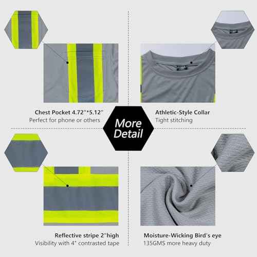 VENDACE Men's High Vis Safety Work T Shirt ANSI Class 1 Reflective Long Sleeve Shirt with Pocket(Grey,L)