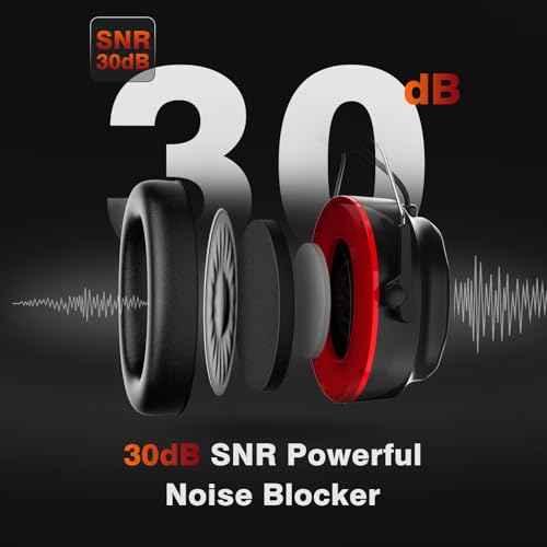 Bluetooth 5.4 Hearing Protection Headphones with 1200mAh Rechargeable Battery, 120H Working Time, 30dB SNR, Ear Muffs with Larger Buttons for Easy Operation, Superior Stereo Sound Quality Black-Red