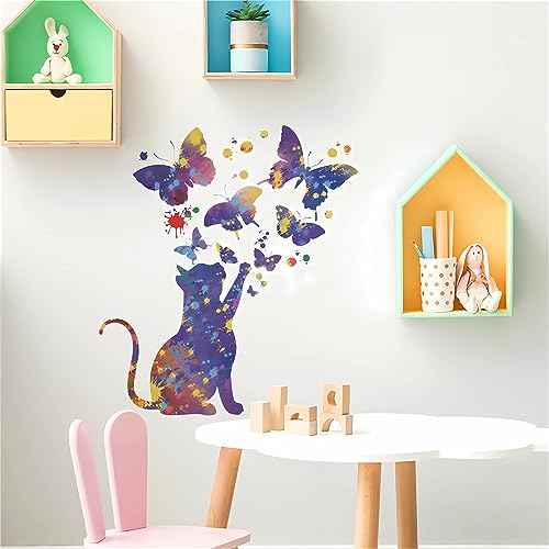 Fantasy Starry Sky Cat Butterfly Wall Stickers,sacinora Cartoon Kitten Animal Wall Decals Removable Vinyl Peel and Stick for Living Room Nursery Children's Room Bedroom Art Decorations