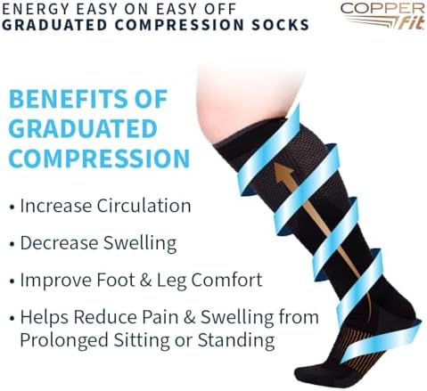 Copper Fit Energy Graduated Wide Calf Compression Socks for Men & Women – Easy On, Easy Off, For Circulation & Swelling Relief – Ideal for Travel, Nurses, Running, & Recovery