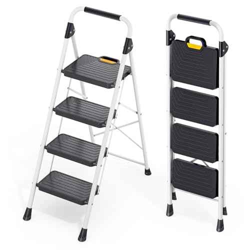 KINGRACK Sturdy Steel 4 Step Ladder, Folding Step Stool with Handrail, Anti-Slip Wide Pedals, Safe-Lock Design, Pass 800lbs Load Testing, Portable Ladder for Multi-Purpose in Home, Kitchen, White
