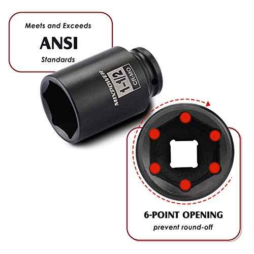 MIXPOWER 1/2 Inch Drive Deep Impact Socket 1-1/2 Inch SAE, CR-MO, 6PT,Axle Nut Impact Grade Socket for Easy Removal