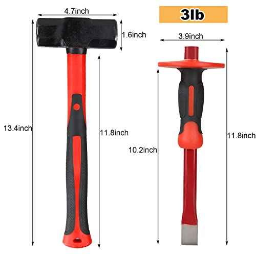 Acrux7 3lb Sledge Hammer & Masonry Chisel with Hand Guard, Heavy Duty Octagonal Sledge Hammer and Flat Chisel with Anti-Slip Handle for Tile, Concrete, Rock, Brick