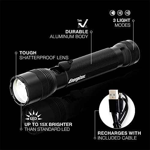 Energizer TacR-1000 Flashlight Rechargeable, Bright Rechargeable Tactical Flashlight for Emergencies and Camping Gear, Water Resistant Flashlight, USB Included