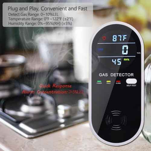 Natural Gas Detector, 3 in 1 Plug-in Propane Gas Detector(Gas, Temperature and Humidity Display), Combustible Gas Detector for Home & RV Gas Leak Detector for LNG, LPG, Methane