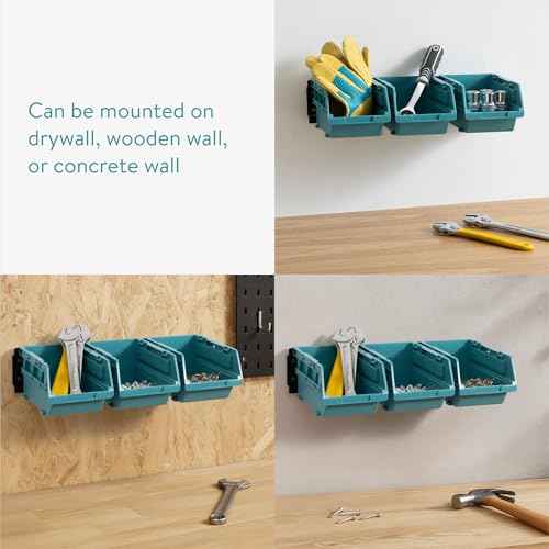 Navaris Storage Bins - Interlocking Plastic Van Boxes - Wall Mounted Compartments for Screws Nails Small Tool Parts - Workshop, Garage, Drawer Shed Bolt Organizer - 3 Bins & 1 Rail