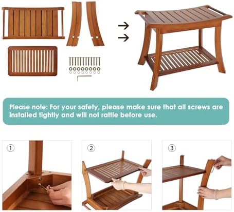 VVW Bamboo Shower Bench & Stool with Storage Shelf, Bath Benches for Inside Shower, Bathroom Stools 2-Tier Spa Seat for Adults Elderly (Walnut)