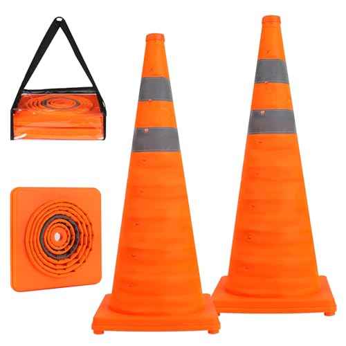 2 Pack Safety Cones 28 Inch Collapsible Orange Traffic Cones, Reflective Cones for Driving Training, Multifunctional Pop up Safety Cone, Foldable Traffic Cone for Sports Parking Cones,Caution Cones