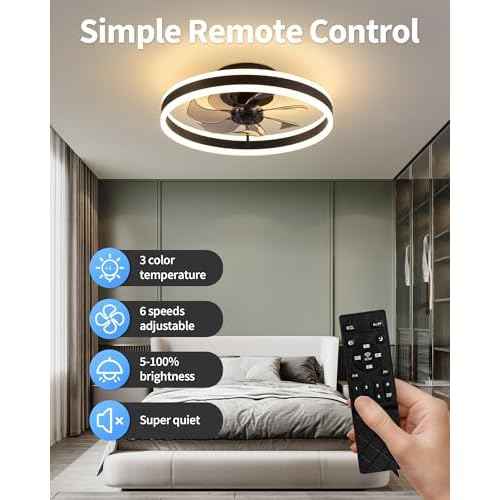 KDG 19.7" Low Profile LED Ceiling Fans with Light, Reversible Flush Mount with Remote and 6 Winds Speeds Fan Lighting, 3 Colors Dimmable for Bedroom, Living Room, Kids, Dinning Room, Kitchen (Black)