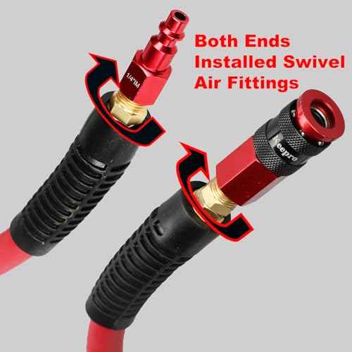 Keepro Rubber Air Hose, Durable Air Compressor Hose 3/8 Inch ID By 25 Feet Long with Swivel Universal Aluminium Quick Coupler and Plug, 300 PSI Maximum Pressure, Red
