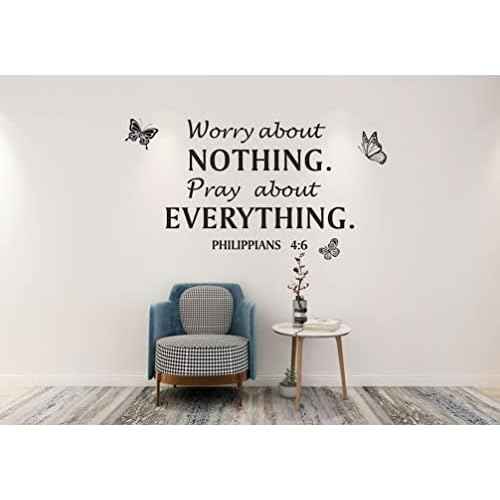 Philippians 4:6 Christian Scripture Quotes Wall Decal, Worry About Nothing Pray About Everything Butterflies Flying Bible Verse Religious Prayer Vinyl Removable Wall Sticker for Home Family