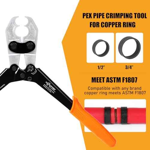 KF CPTEC Pex b Crimping Tool Heavy-Duty Forged Steel PEX Crimp Tool with Tubing Cutter for 1/2'' & 3/4'' Copper Crimp Rings, Includes Go/No-Go Gauge, ASTM F1807 Plumbing Tool