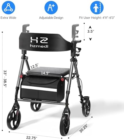 Walkers for Seniors with Seat, 8" Big Wheels Folding Adult Rolling Walker for All Terrain, Dual Adjustable Height Medical Walker with Backrest and Brakes| Metallic Gray