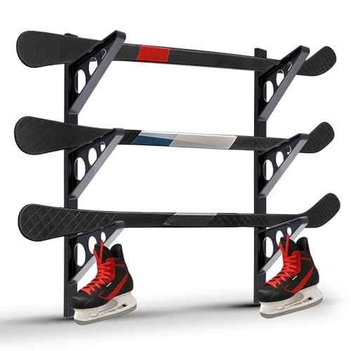 Ski Wall Rack Horizontal Ski Rack Wall Mount Hockey Stick Storage, Garage Storage for Sports Equipment, Skates, Lacrosse Sticks, 3 Tiers