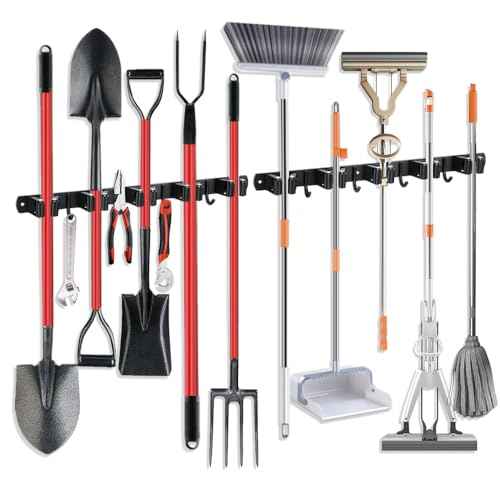 2 Pack Broom Hanger and Mop Holder, Heavy Duty Garden Tool Organizer Rack Rake and Shovel Handle, Stainless Steel Wall Mounted Utility Rack with Screws (5 Racks with 4 Hooks, Matte Black).