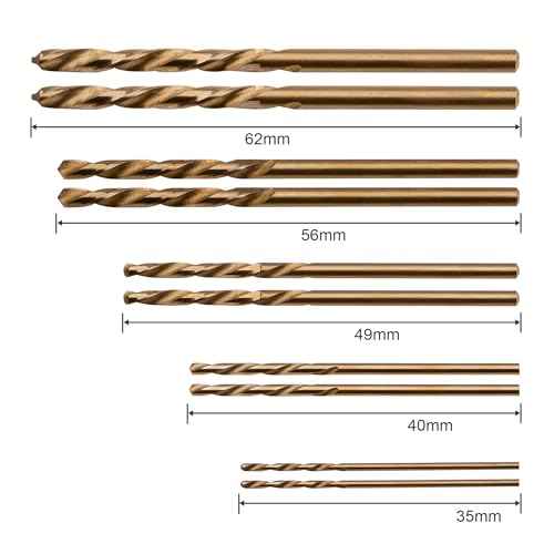 10 Pcs High Speed Steel Cobalt Drill Bit Set 2 Pcs of Each 1mm(3/64"), 1.5mm(1/16") 2mm(5/64") 2.5mm(3/32") 3mm(1/8") Jobber Length Twist M35 Metal Drill Bit For Stainless Steel And Hard Metal