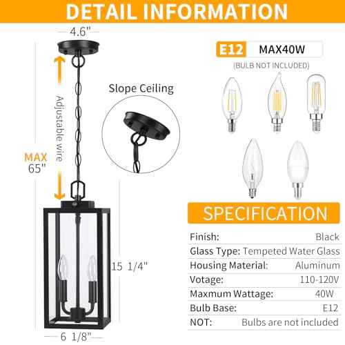 Large Outdoor Pendant Light 2-Light, 15'' Dusk to Dawn Modern Black Metal Outside Chandelier Exterior Hanging Fixture Ceiling Mount with Clear Glass for Front Porch Entrance Foyer Entryway, 1 Pack