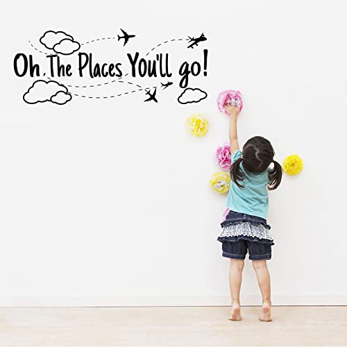 SUPERDANT Black PVC Travel Wall Stickers Oh The Places You Will Go Vinyl Wall Decor Inspirational Motivational Quotes Decals for Home Bedroom Office Decoration School Dormitory Decor 30x11.4in