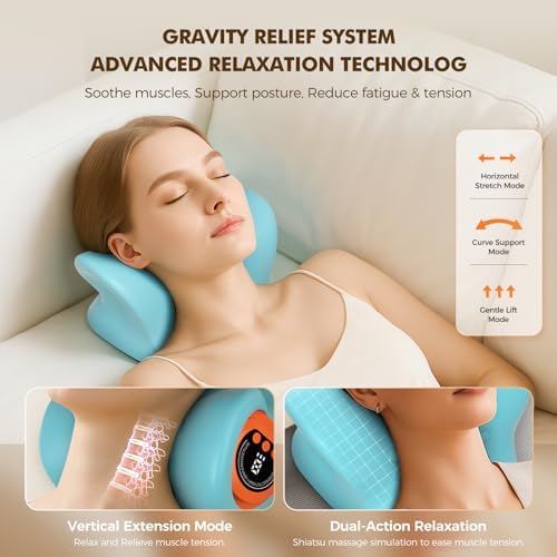 Portable Neck Traction Device, Cervical Stretcher with Heating & Vibration – Relieve Muscle Tension, 3-in-1neck pillow Customizable Massage Modes with Wireless Remote Control Ergonomic Design