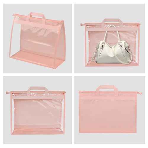 Vercord Clear PVC Handbag Dust-Free Cover Moistureproof Purse Storage Bag Organizer with Handle Zipper Space-Save Holder for Closet Pink XL 3Pcs