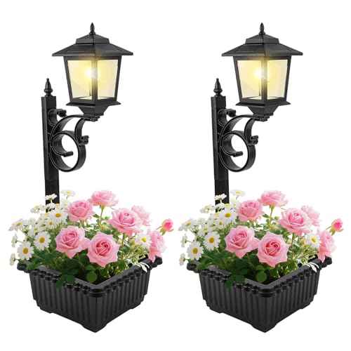 2 Pack Solar Lamp Post Light with Planter, 2 in 1 Outdoor Flower Pots, 3000K Solar Lamps Outdoor Waterproof, Wall Mount or Freestanding for Garden, Patio, Yard, Front Porch(Flowers not Included)