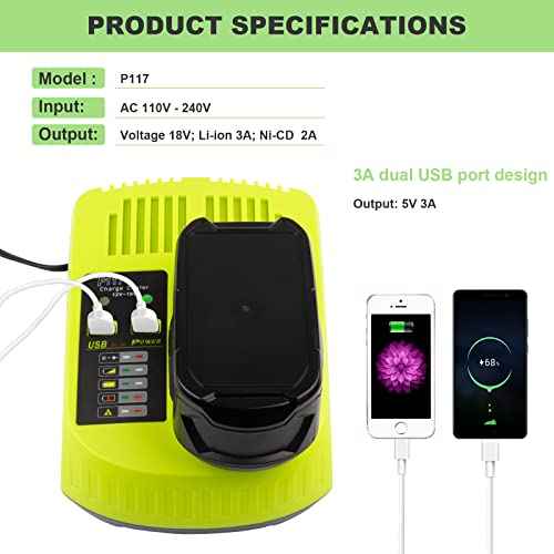 Futurebatt 18V Rapid Charger Replacement for Ryobi P117 12V-18V Battery One+ Lithium-Ion/NiCad/NiMh Battery P102 P108 P189 P197 P103 P105 P107 P190 P191 PBP002 PBP005