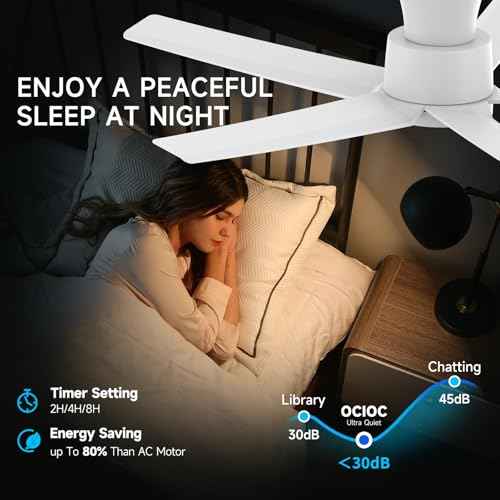 ocioc 44 inch Ceiling Fans with Lights and Remote, Dimmable Ceiling Fans with Reversible Quiet DC Motor, Flush Mount, 3CCT, White Ceiling Fan for Bedroom Living room Indoor/Outdoor