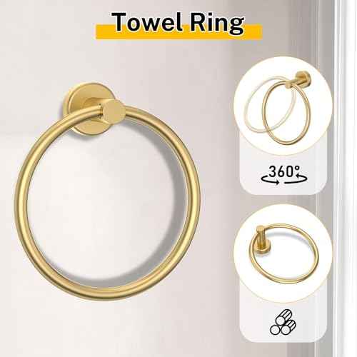 Brushed Gold Bathroom Hardware Set 5 Pieces Towel Bar Set Round Towel Holder Set for Bathroom,Upgraded Toilet Paper Holder with Shelf,Stainless Steel Wall Mounted 23.6 Inch