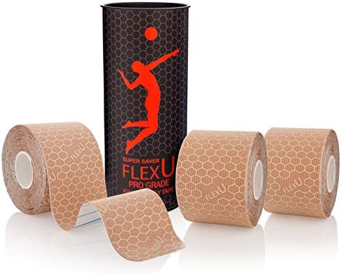FlexU Kinesiology Tape - 60 2" x 10" Pre-Cut Strips for Lower Back, Knees, & Shoulders; Pain Relief & Support for Muscles & Joints, Shoulders, Knees & Back, Rheumatism, Gout, Osteoporosis (Beige)