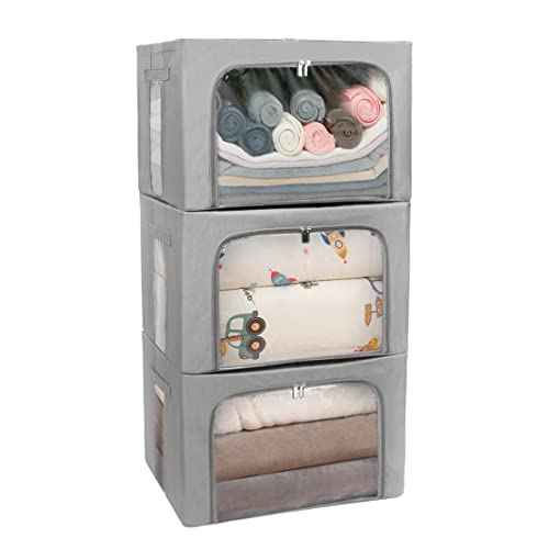 Stackable Clothes Storage Box for Clothing Gadgets,Steel Frame Storage Bins for Toys Gift,Foldable Oxford Fabric Closet Organizer Bag Set with Carry Handles Clear Window (Large- 66L x3 Pack, Grey)