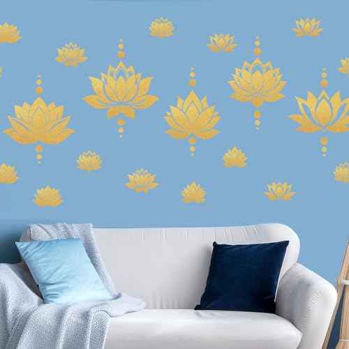 PLIGREAT 2 Sheets Lotus Flower Wall Decals DIY Gold Dot Removable Vinyl Stickers for Yoga Center Bedroom Living Room Zen Room Meditation Home Background Wall Art Decor Yoga Lovers Gift