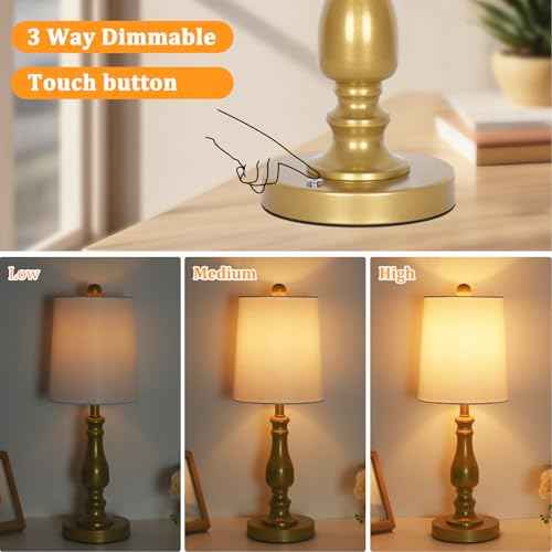 Dott Arts Cordless lamp Table Lamps Set of 2, Battery Powered Rechargeable lamp 3-Way Dimmable Modern Nightstand Lamp Sets Bedside Touch Desk Lamp for Bedroom Living Room, LED Bulbs Included(Gold)