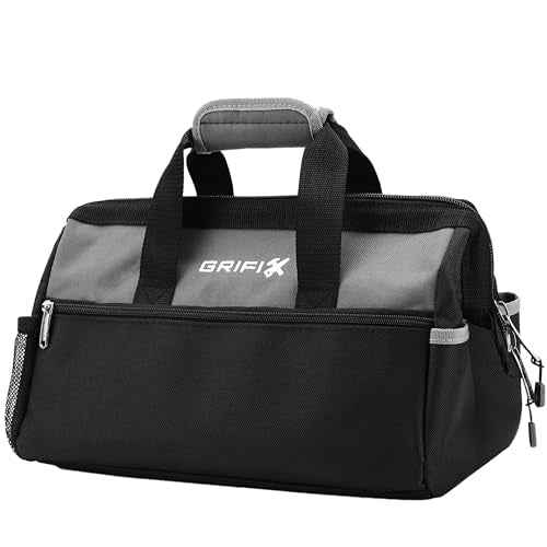 15 Inch Tool Bag, Wide Mouth Tool Storage Organizer with Large Pocket, Ergonomic Zipper & Soft Handle Heavy Duty Toolbag, Waterproof Cloth Tool Tote for Men Electrician Mechanic Carpenter