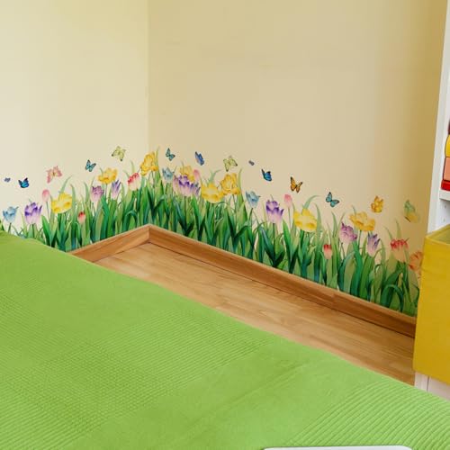 Green Grass Wall Corner Stickers Wildflower Butterflies Baseboard Skirting Line Wall Decals Bedroom Living Room Dining Room