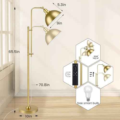 PARTPHONER Industrial Floor Lamp Adjustable, Rustic Farmhouse Reading Lamp in Aged Gold Finish, Modern Standing Lamp with Remote Control Metal Shade for Living Room Bedroom Study Room Office Hotel