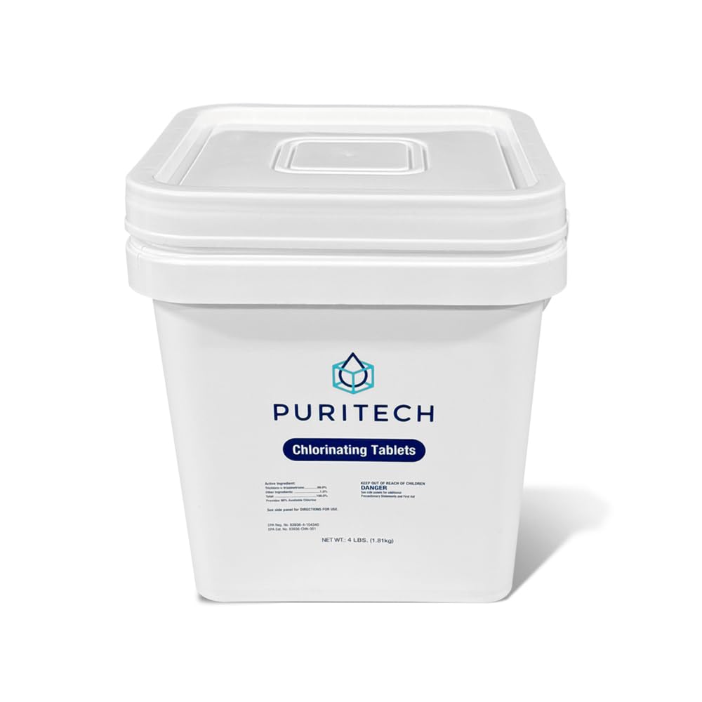 Puri Tech Pool Chemicals 3‑Inch Stabilized Chlorine Tablets for Swimming Pools - Individually Wrapped, Slow‑Dissolving, Long‑Lasting Pool Sanitizer - 90% Available Chlorine - Tri-Chlor - 4 Pounds
