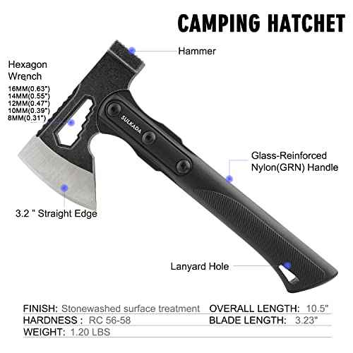 SULKADA Camping Hatchet, 10.5 Inch Survival Axe,Stainless-Steel Blade,Fiberglass Shock Reduction Handle with Anti-Slip Grip, for Chopping Wood,Gardening and Outdoor Survival,Gift for Dad Men