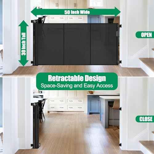 Reinforced 50" Wide Retractable Baby Gate Retractable Dog Gate with Support Rods - Anti-Bottom Crawl, Mesh Gate Retractable Gate Outdoor Retractable Pet Gate Indoor Doorway/Hallway/Stair Gate, Black