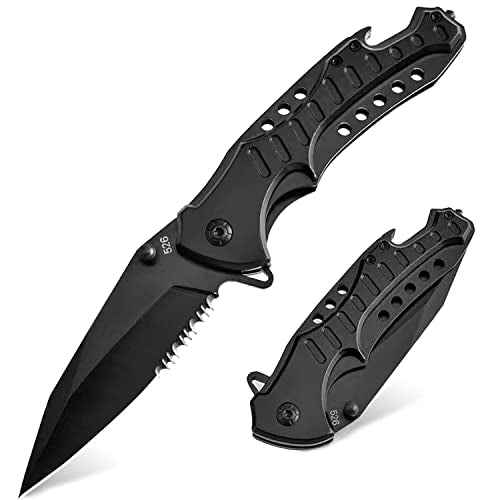 Pocket Knife for Men, Folding Knife with Clip, Tactical Knives with Serrated Blade, Glass Breaker & Bottle Opener, EDC Pocket Tactical Knife for Outdoor Survival Camping, Cool Knifes for Dad