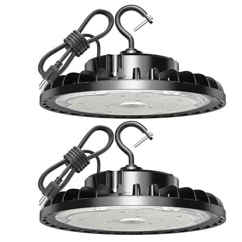 200W LED High Bay Light, 28000LM 110-277V 5000K Shop Garage Light with US Plug 5' Cable IP65 Waterproof UFO Commercial Lighting for Warehouse Barn Garage Workshop Factory Gym, 2 Pack
