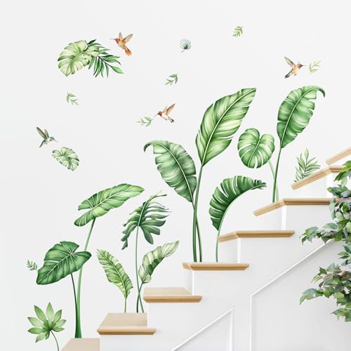 Large Palm Leaves Wall Decals, Tropical Plants Wall Stickers Boho Green Peel and Stick Wall Decal Self Adhesive Wall Art Sticker for Aisle Bedroom Office Sofa Backdrop Home Decor