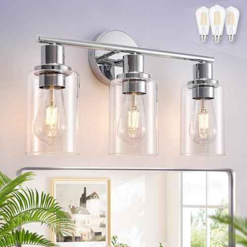 DLLT 3-Light Bathroom Light Fixtures: Chrome Modern Vanity Lights with 3 E26 Bulbs - Clear Glass Shade Bathroom Wall Lamp for Mirror Kitchen Living Room Hallway Cabinet Porch